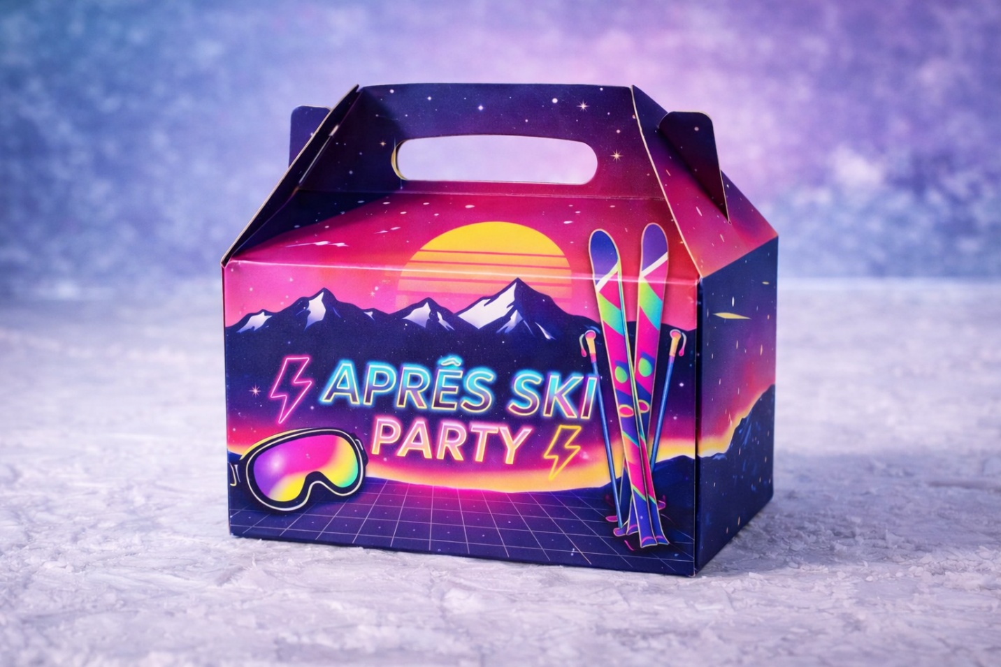80s-themed Après Ski Party gable box with neon retro design, mountains, and ski graphics for winter party favors