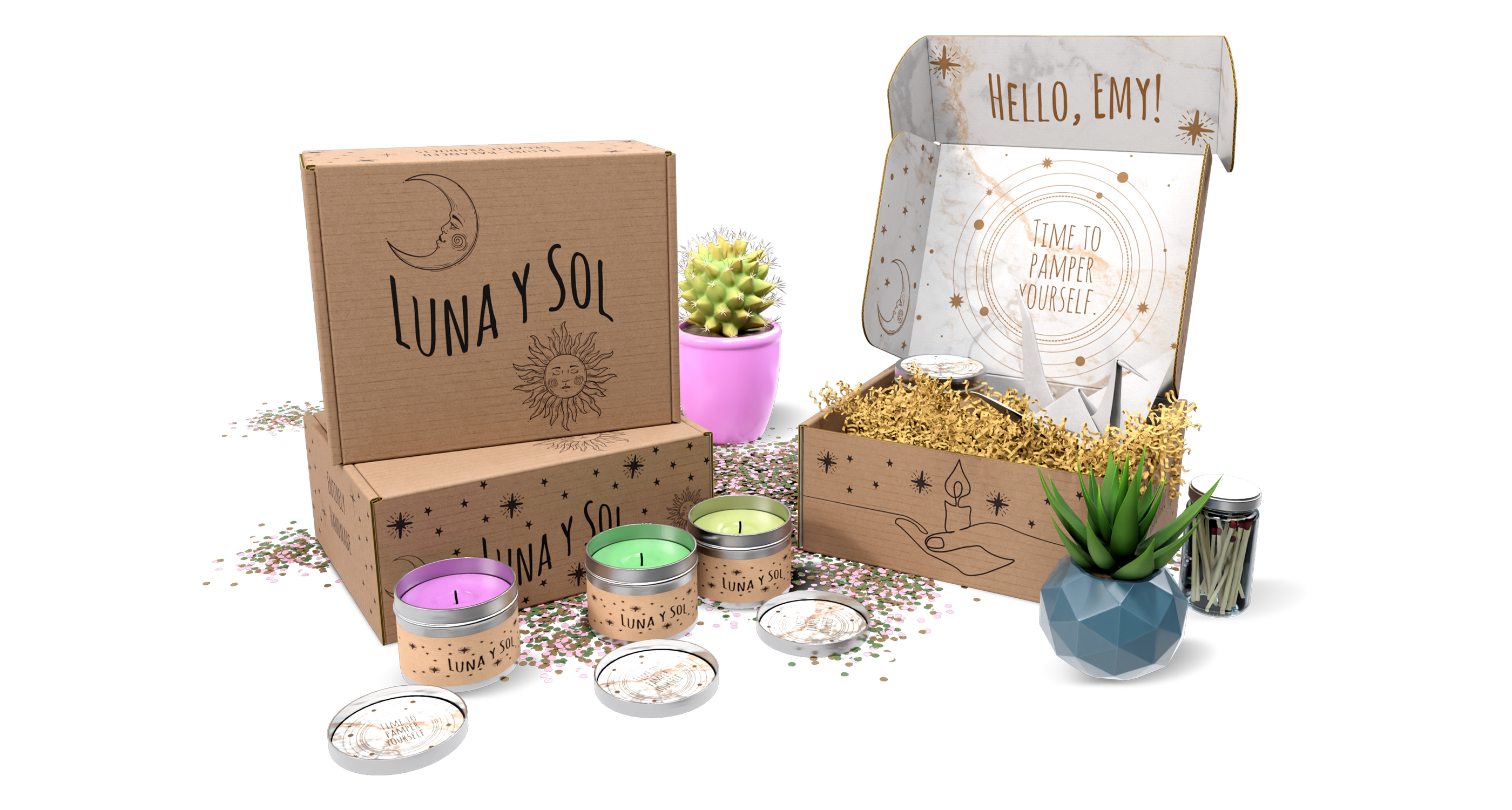 Custom kraft packaging for a self-care subscription box with branded Luna y Sol artwork, candles, and personalized unboxing details.
