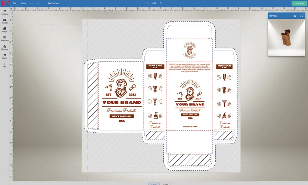 DIYpack’s online packaging editor showing a dieline layout and 3D preview for a custom printed subscription mailer box.