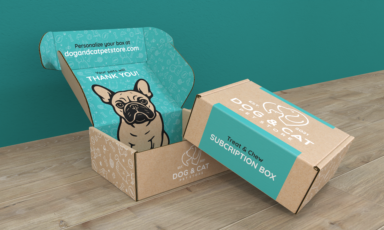 Colorful kraft custom pet subscription mailer box design with printed interior.