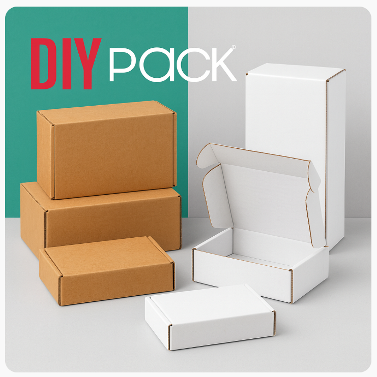 DIYpack corrugated shipping boxes in kraft and white, both equally eco-friendly