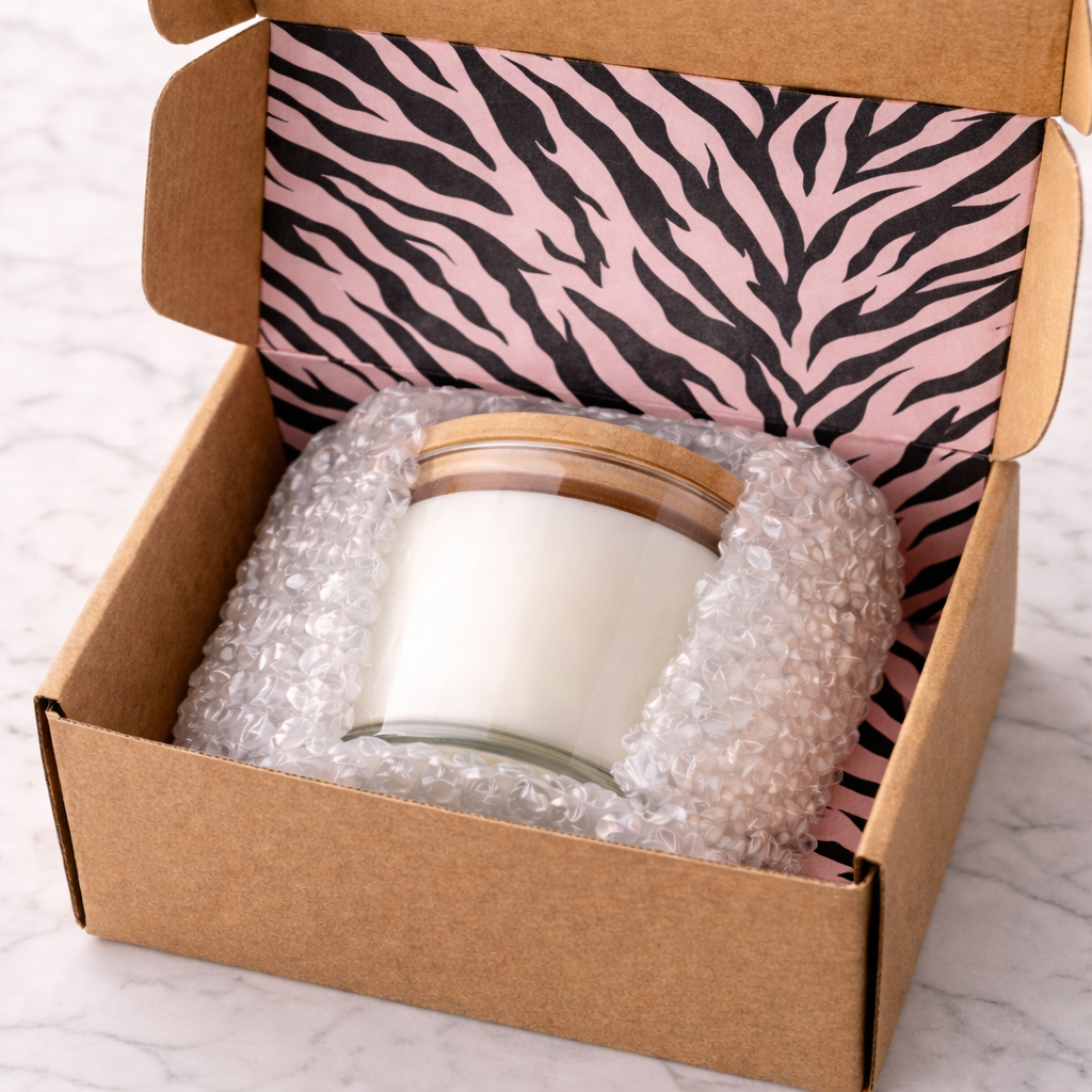 Bubble-wrapped candle secured inside a right-sized custom mailer box for safe shipping with printed interior.