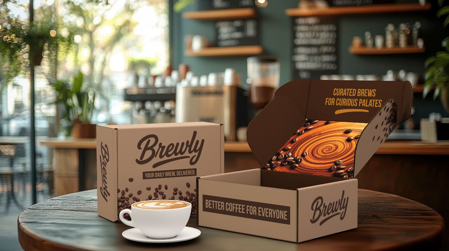 Kraft mailer box for Brewly coffee shop.