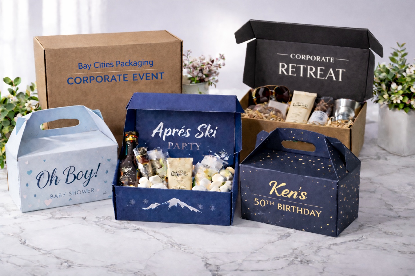 Custom party favor packaging with corporate mailer boxes, Après Ski Party gift box, 50th birthday gable box, and baby shower favor box
