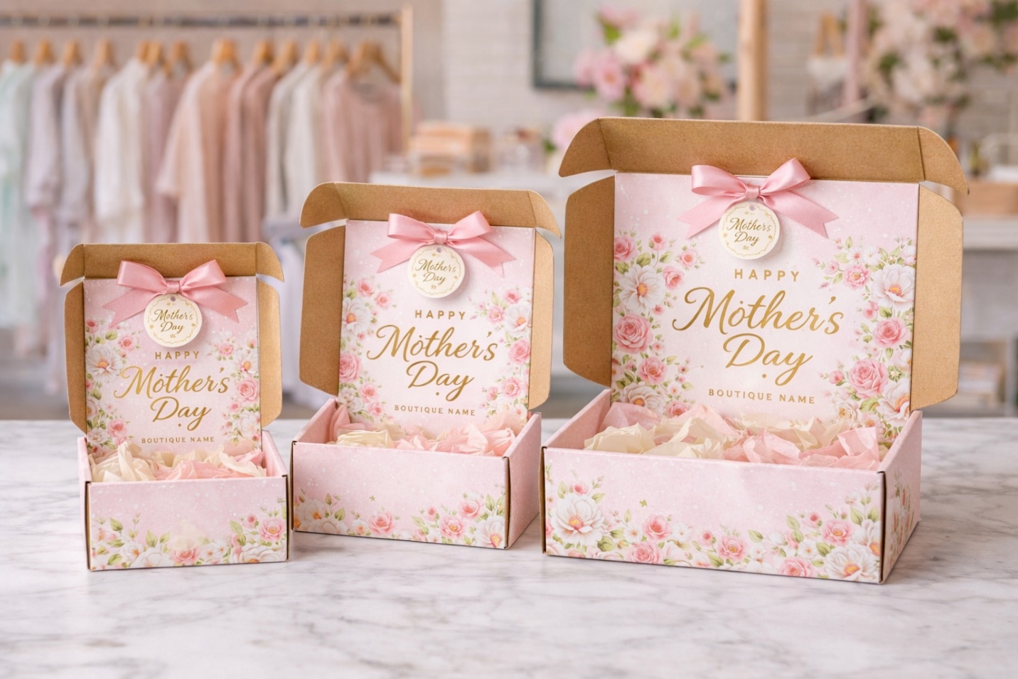 Three custom Mother’s Day mailer boxes in different sizes displayed in a boutique, designed for build-your-own gift sets