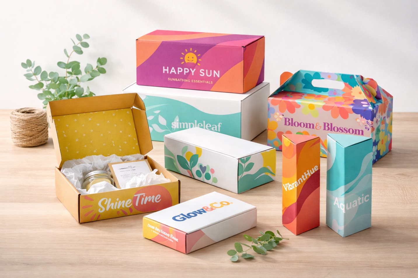 Colorful custom corrugated packaging boxes for small businesses, including mailer boxes and retail packaging designed for branded unboxing experiences.