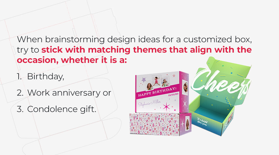 Custom boxes with the matching theme to the occasion. Specifically happy birthday and a work anniversary.