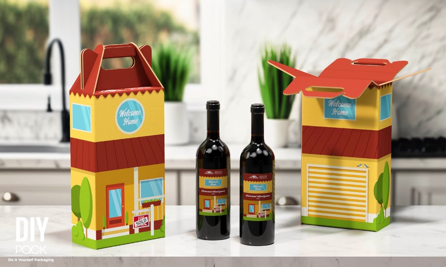 Custom corrugated gable boxes made to carry wine packaged as a closing gift from a realtor.
