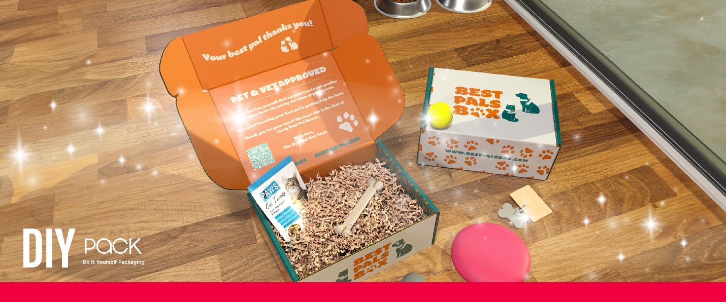 Small business pet subscription company highlighting custom mailer box with inside print and right-sized for products being put inside