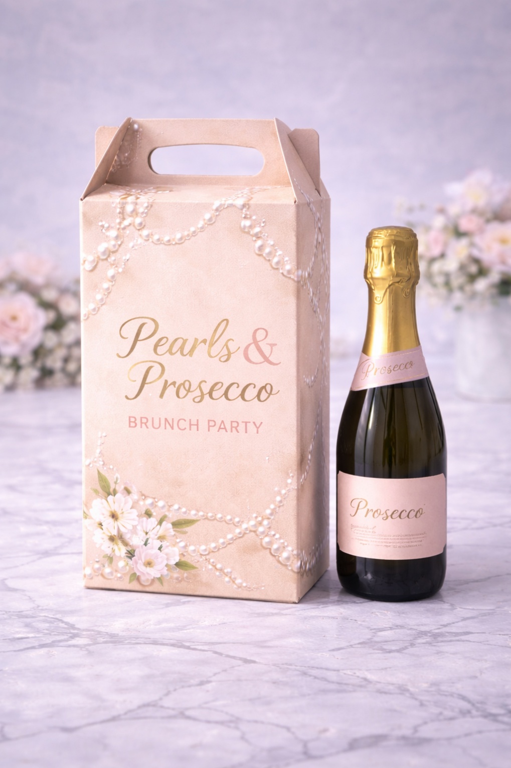 Tall blush pink gable box for Pearls & Prosecco bridal brunch party designed to hold a prosecco bottle, with high quality printed imagery and text