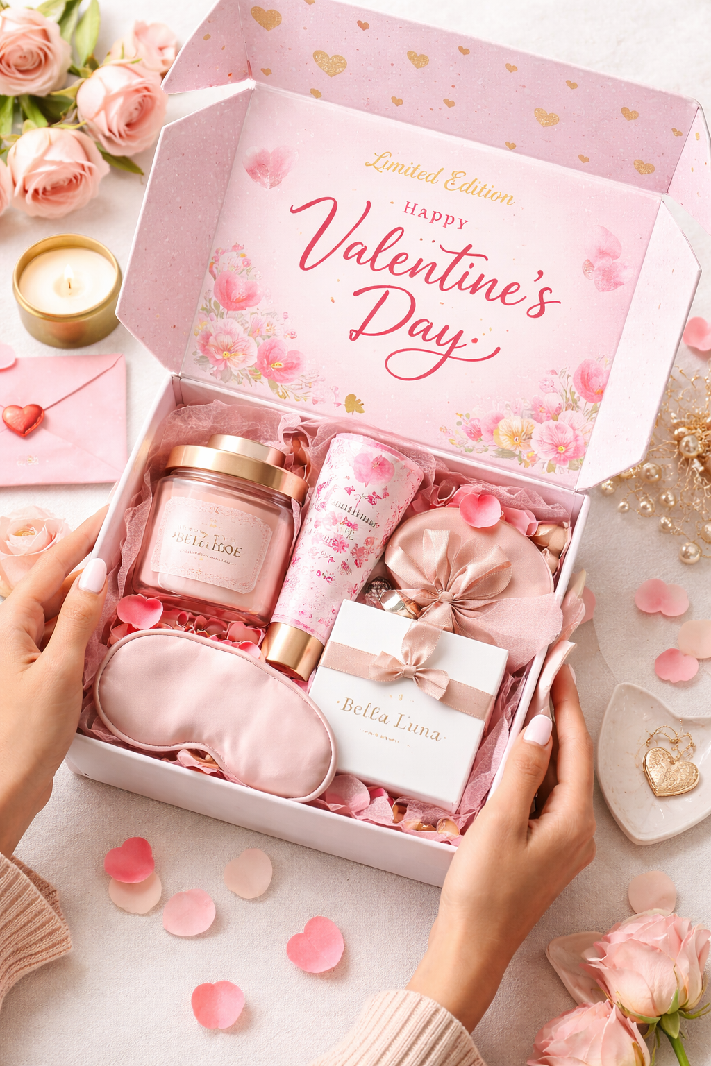 Woman unboxing a limited edition Valentine’s Day mailer box with candle, lotion, eye mask, and branded jewelry box