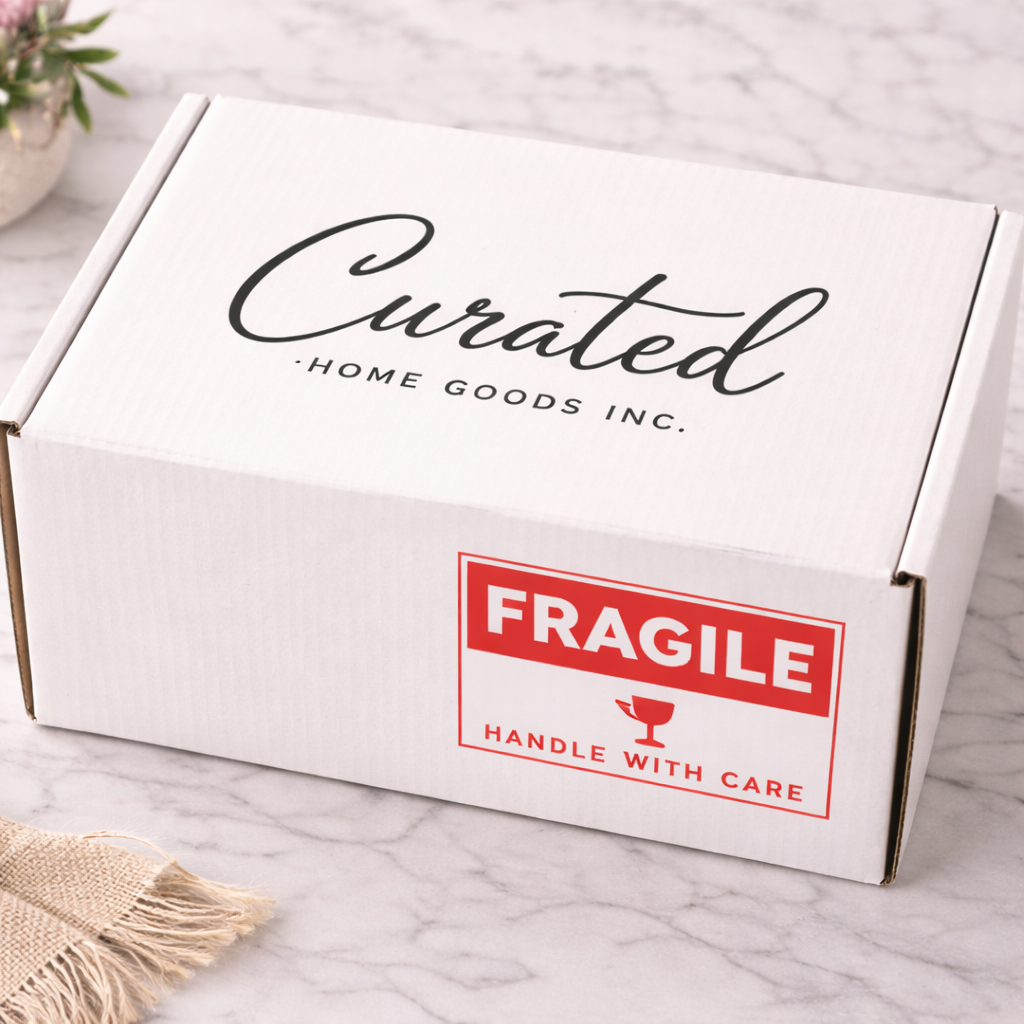 White custom shipping box for a Curated Home Goods Inc printed on the outside and a fragile label printed on box to save on stickers