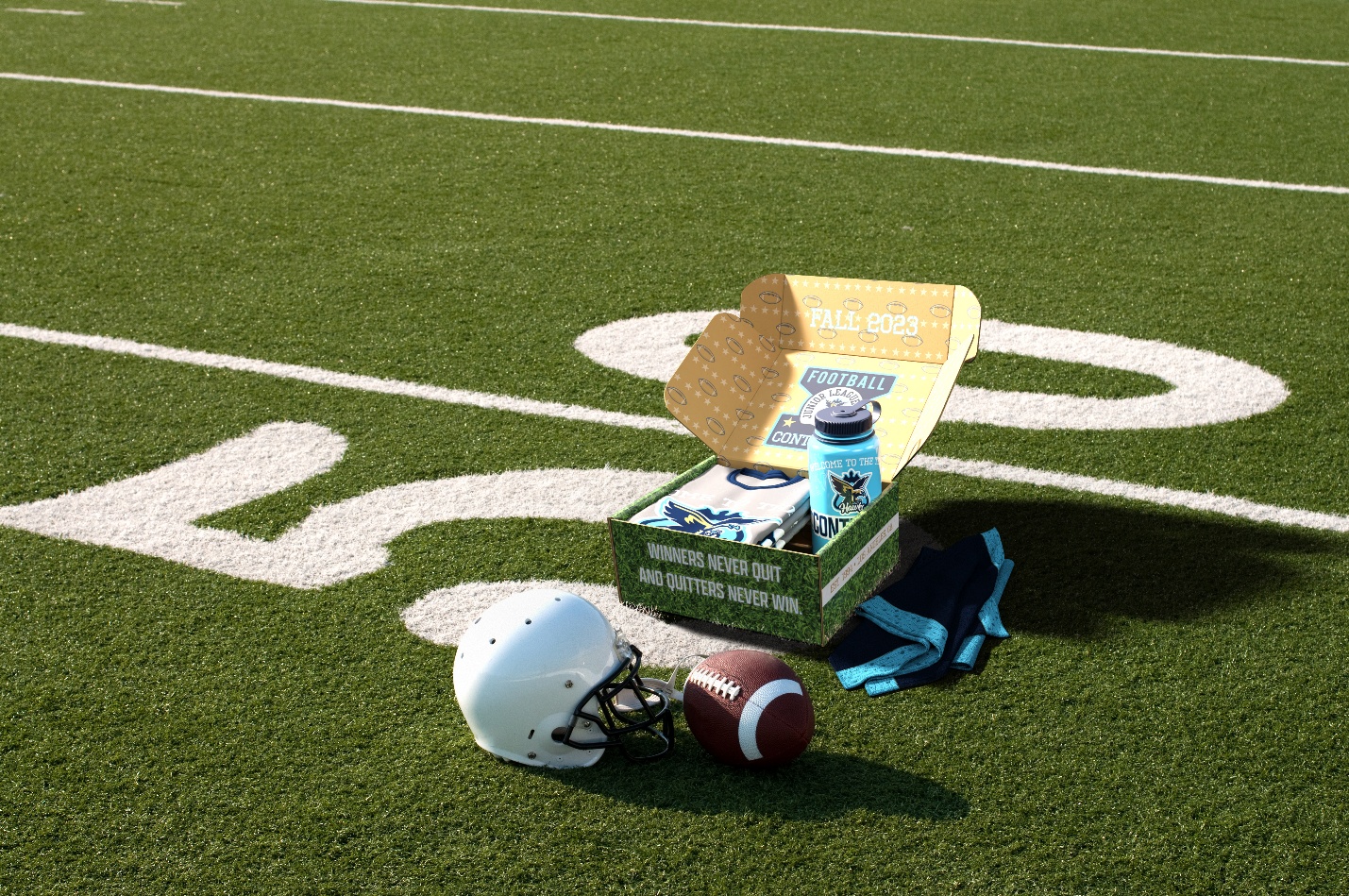 Custom mailer box with inside welcome message for new football players