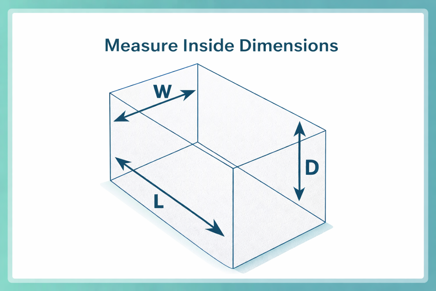 DIYpack illustration showing how to measure inside box dimensions, labeled Length (L), Width (W), and Depth (D) with directional arrows.