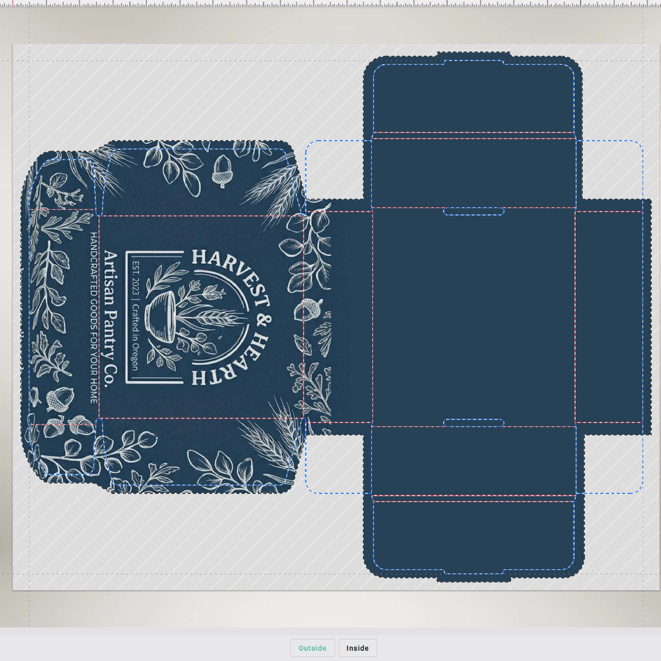 Flat dieline editor view showing the layout and swap control for editing both sides of the packaging