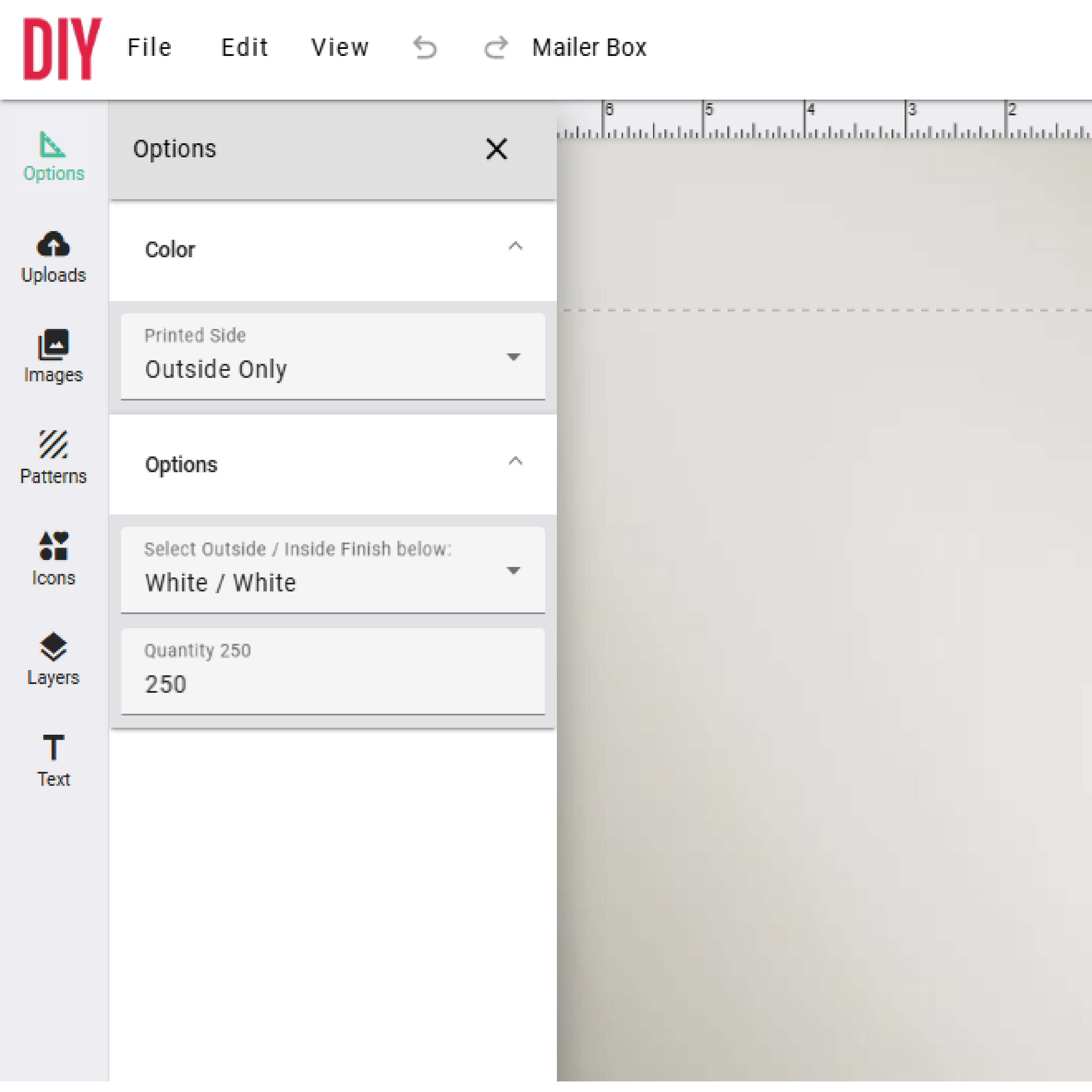 Online editor options panel with tools for uploads, images, patterns, layers, and text